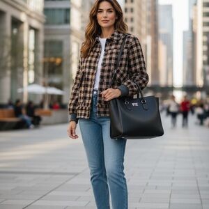 Scotch & Soda tweed gingham boxy checkered boucle trucker Black and Tan Jacket